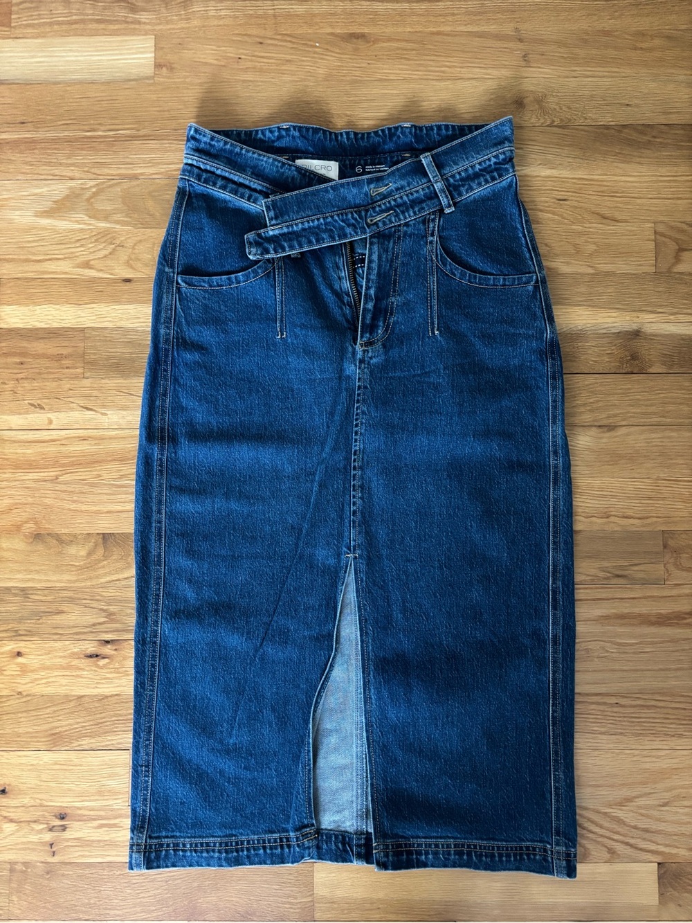 Anthropologie Dark Blue Denim High-Rise Midi Skirt with Self Tie